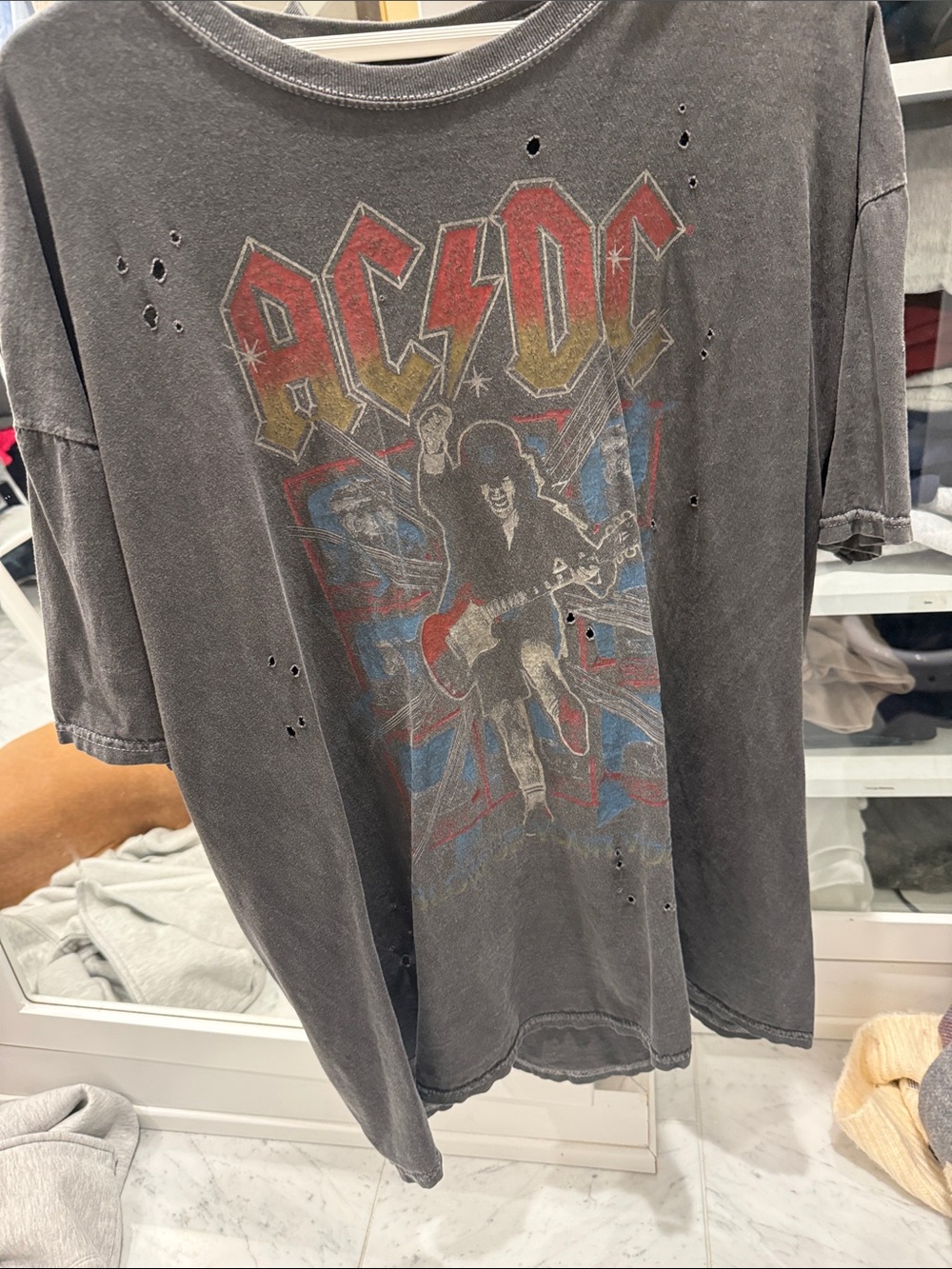 AC/DC Black Distressed Graphic Tee with Red, Yellow & Blue Print